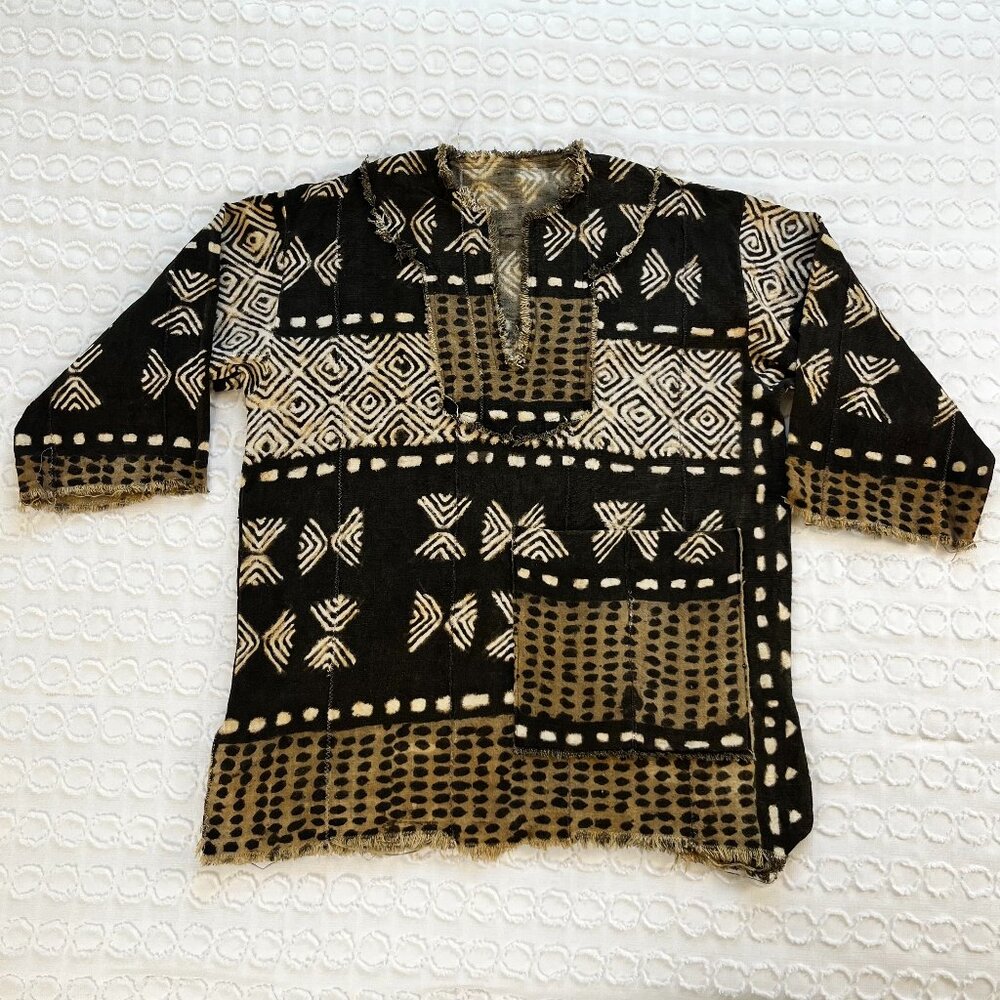 Traditional West African Shirt Bogolanfini Mud Cloth Brown Black Tunic Geometric